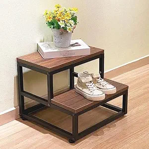 Sheesham Wood & Metal 2-Step Stool for Kitchen