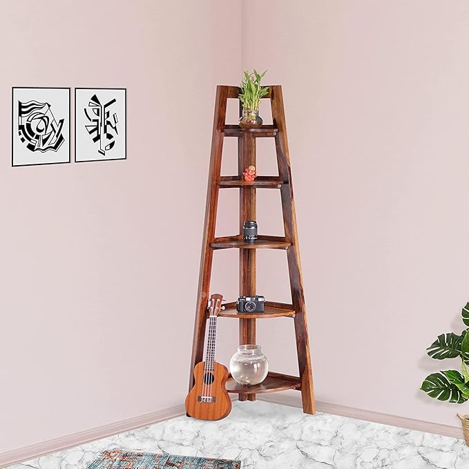 Solid Sheesham Wooden Corner Bookshelf