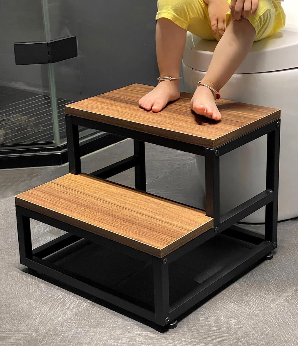 Sheesham Wood & Metal 2-Step Stool for Kitchen